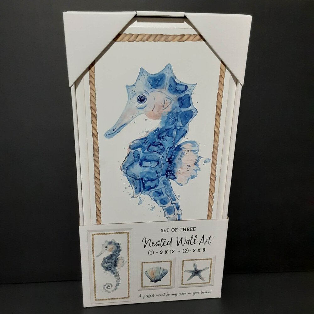 Set of 3 Nested Wall Hanging Art Seahorse Sea Shell Starfish Beach Ocean Resort